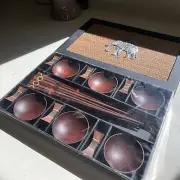 Thailand Khon Design Sushi Set for Six，Dip Dishes，Chopsticks and Rests, Wood