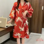 睡袍女士冰絲夏季紅色結婚新娘晨袍伴娘睡裙性感純欲風家居服睡衣