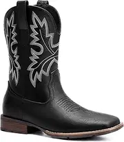[Lumeheel] Cowboy Boots for Men - Western Men's Boots with Classic Embroidered, Slip on Square Toe Boots, Slip Resistant Country Boots Chunky Heel Ankle, Durable Short Boots for Spring Fall, Black &