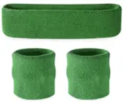 WRISTBAND & HEADBAND SET Tennis Terry Towelling Cotton Sweat Band Team Gym - Gre