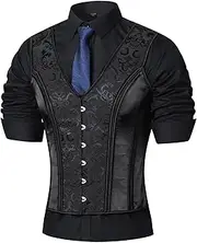 [HUAMYTH] Men Dress Waistcoat Vintage Corset Vest Lace Up Boned Black Formal Tops Wedding Stage