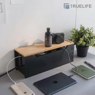 【TrueLife】竹製組合式集線盒-黑色(插座盒 電線收納盒 電源集線盒 插座收納盒 插線板 儲物盒 收線盒)