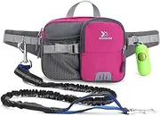 ROSSRORE Hands-Free Dog Walking Belt with Bungee Leash-Adjustable Breathable Padded Belt, Zinc Alloy D-Ring, Reflective Strip, & Poop Bag Dispenser Medium Large Dogs Gray and Fuchsia