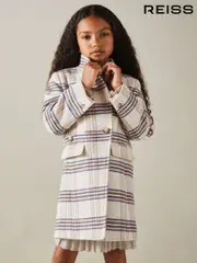 Reiss Brown Claude 4-9 yrs Wool Blend Checked Asymmetric Funnel Neck Coat (E54482) | $260