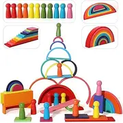 SHIERDU 45-Piece Wooden Rainbow Stack Set, 4-in-1 Building Blocks preschoolers Early Development & Activity Toys Montessori Toys for Kids 3, 4, 5, 6 Years and Older Gifts for Boys and Girls