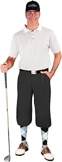 [Golf Knickers] Mens Outfit - Black Microfiber, Limited Edition Ball Cap, Over-The-Calf Argyle Socks, White Golf Shirt