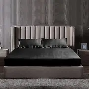 1000TC Ultra Soft Art Silk Satin Fitted Sheet Set Cooling Summer Sheet - No Flat Sheet (Black, King Single)