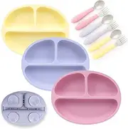 Elk and Friends Silicone Suction Plate for Babies/Toddlers + Stainless Steel Silverware Feeding Set Divided Plate Suction Design Forks + Spoons Included 3 Pack