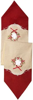 Decorative Artistic Burlap Embroidered 13" X 70" Table Runner, in Burgundy