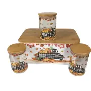 Farm Fresh Tin Bread Box & 3 Piece Glass Cannister Set With Wood Seal Lids