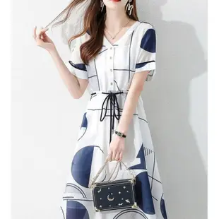 雅麗安娜 連身裙 洋裝 A字裙S-2XL 韓版輕奢連身裙短袖幾何圖案v領顯瘦寬鬆俏皮襯衫裙洋裝S216-5013.