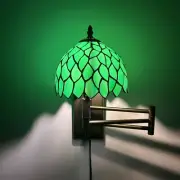 Tiffany Style Sconce Lamp Plug In Swing Arm Stained Glass Green Leaves 15”H