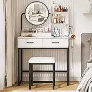 Lumoti Vanity Desk with Round Mirror & Lights, Makeup Dressing Table Set with Charging Station and Hairdryer Rack, 3 Lighting Modes Small Vanity Table with Stool (Black)