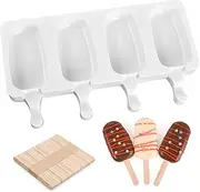 [Sakolla] Popsicle Silicone Mold, 4 Cavities Homemade Cakesicles Mold, Cake Pop Ice Cream Mold with 100 Wooden Sticks (Classic Oval)