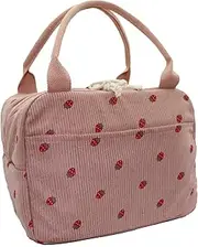 Stylish Corduroy Lunch Tote Bag for Women & Men - Reusable Insulated Lunch Box, Large Capacity, Perfect for Work, Picnic, Travel - Cute & Eco-Friendly (Pink Strawberry)