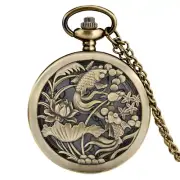 Vintage Style Koi Fish Pattern Quartz Pocket Watch with Chain for Women Men