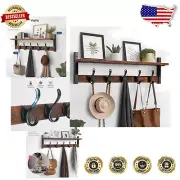 29-Inch Rustic Brown Wall Shelf with Heavy Duty Coat Hooks - Versatile Decor