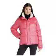 Koolaburra by Ugg Womens Sherpa Trim Puffer Jacket Soft Faux Fur Pink M $140