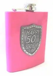 20122 50th PINK 150ml HIP FLASK WITH SHIELD BADGE GIFT BOX FIFTIETH