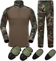 Outdoor Sports Airsoft Gear Jungle Hunting Clothes Woodland Shooting Shirt Pants Set Battle Dress Uniform BDU Set Tactical Combat Camouflage Clothing with Kneepad Elbow Pads - Woodland - XXXL