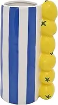 Hestia Lemon Vase With Blue Stripes – Ceramic Mediterranean-Style Vase for Fresh or Faux Flowers, Whimsical Lemon Home Décor - H: 21cm x W: 11cm.