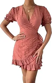 [SHINsuke] Women Summer Puff Sleeve Wrapped Mini Dress Red Sexy Casual V Neck Smocked Slim Short Pencil Dress Holiday Prom Party