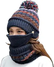 [FANZERO] Womens Girls Knit Beanie Scarf Mask Set Soft Warm Fleece Lined Winter Ski Hat with Pompom