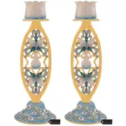 Matashi Shabbat Candlestick Hand-Painted, Gold-Plated Pewter (2-Piece Set)