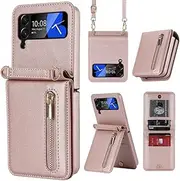 [XIMAND] for Samsung Galaxy Z Flip 4 Luxury Zipper Wallet Phone Case, Multi-Function Kickstand Card Holder Adjustable Crossbody Strap, Fashion Flip Case，Perfect for The Modern Women and Girls（Rosegold）