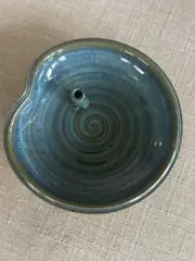 Incense Stick Burner Studio Art Pottery Dish Blue & Olive Signed 6”