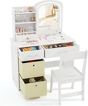 HONEY JOY Kids Vanity Set with 2 Color Lighted Mirror, Princess Makeup Desk and Chair Set with Mirror and Lights, Open Shelves and Storage Drawers, Pretend Play Dressing Table Set, White