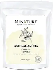 mi nature USDA Certified Organic Pure Ashwagandha, Withania Somnifera Root Powder - 227 Gram/ 8oz - Herbal Supplement That Promotes Vitality & Strength - in OXO/Biodegradable resealable Zip Lock Pack