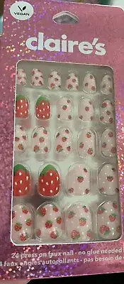 Strawberry Print Press On Faux Nails Kids 6 Packages Of 24 Vegan Claire’s New