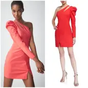 NWT Aidan Mattox One Shoulder Single Balloon Sleeve Crepe Dress Hot Tomato $195
