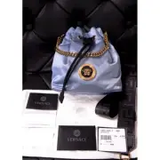 NEW $1,100 VERSACE Blue Nylon Drawstring GOLD MEDUSA LOGO Dahlia GRECA STRAP BAG