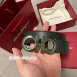 二手 SALVATORE FERRAGAMO 菲拉格慕槍色拉絲銀 雙A扣男女腰帶 皮帶 3.5CM寬 雙面皮帶 實拍