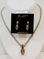 Signed Piscitelli 1980s-90s Peridot CZ Necklace 16” Pierced Earrings Set Vintage
