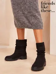 Friends Like These Black Flat Chunky Sole Ruched Ankle Faux Suede Boot (E23622) | $42