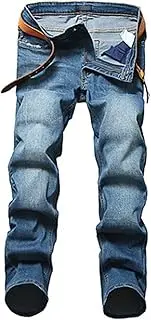 [Zylphorix] Men Mid Waist Straight Denim Pants Vintage Straight Loose Stretch Wide Leg Jeans Y2K Casual Stretch Zipper Trousers, Light Blue, 33