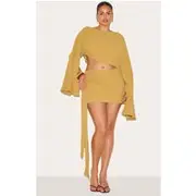 Plus Deep Mustard Floaty Woven Knot Side Mini Skirt, Mustard