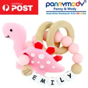 Dinosaur Personalized Name Keepsake Rattle Teething Ring Shower Gift