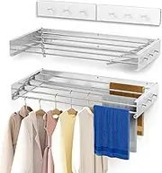 Wall Mounted Drying Rack, Upgraded Wall Clothes Drying Rack with Hooks On Both Sides, 31.5" Long, 15.75" Wide, with 5 Aluminum Poles and Has A 60 lb Weight Capacity