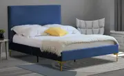 Modern Classic Cristian Double Velvet Bed Frame Blue with Gold Legs