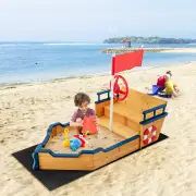 CostwayLarge Pirate Ship Play Station with 2-in-1 Storage Benches and Bottom Sand Protection