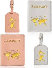 [FeiOne] Pack of 2 Personalised Passport Holder and 2 Luggage Tags - RFID Secure Passport and Document Organiser for Travel Documents, Credit Cards and ID Cards (Pink & Grey), Pink & Grey, 5,59× 4,25