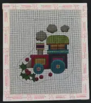 Handpainted Needlepoint Canvas Mini Christmas Stocking Train Mounted on Frame