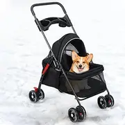 mufojyez Folding Dog Stroller with 4 Wheels, Pet Folding Stroller, Dog/Cat Puppy Stroller with Cup Holder, Portable Cat Puppy Jogging Stroller, 360 Degree Front Wheel Swivel, 180 Canopy, Mesh Panel