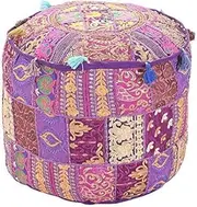 GANESHAM KLAVATE Indian Hippie Vintage Cotton Floor Pillow & Cushion Patchwork Bean Bag Chair Cover Boho Bohemian Hand Embroidered Handmade Pouf Ottoman (Purple, 13" H x 18" Diam.(inch))
