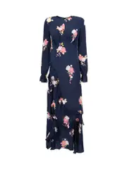 Preen Line Navy Floral Print Ruffles Accent Maxi Dress