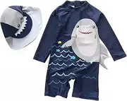 [PIROIT] Baby Boys Toddlers Kids Swimsuit One Piece with Sun Hat Rash Guard,Zipper Bathing Surfing Swimwear UPF 50+, Shark, 18-24 Months